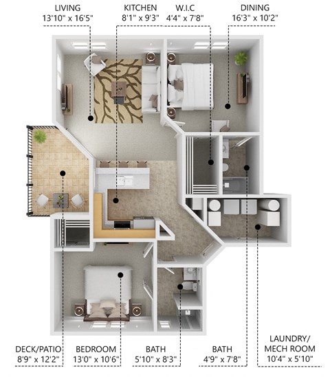 A floor plan of a small apartment with a living room, kitchen, dining room, and laundry/mech room.
